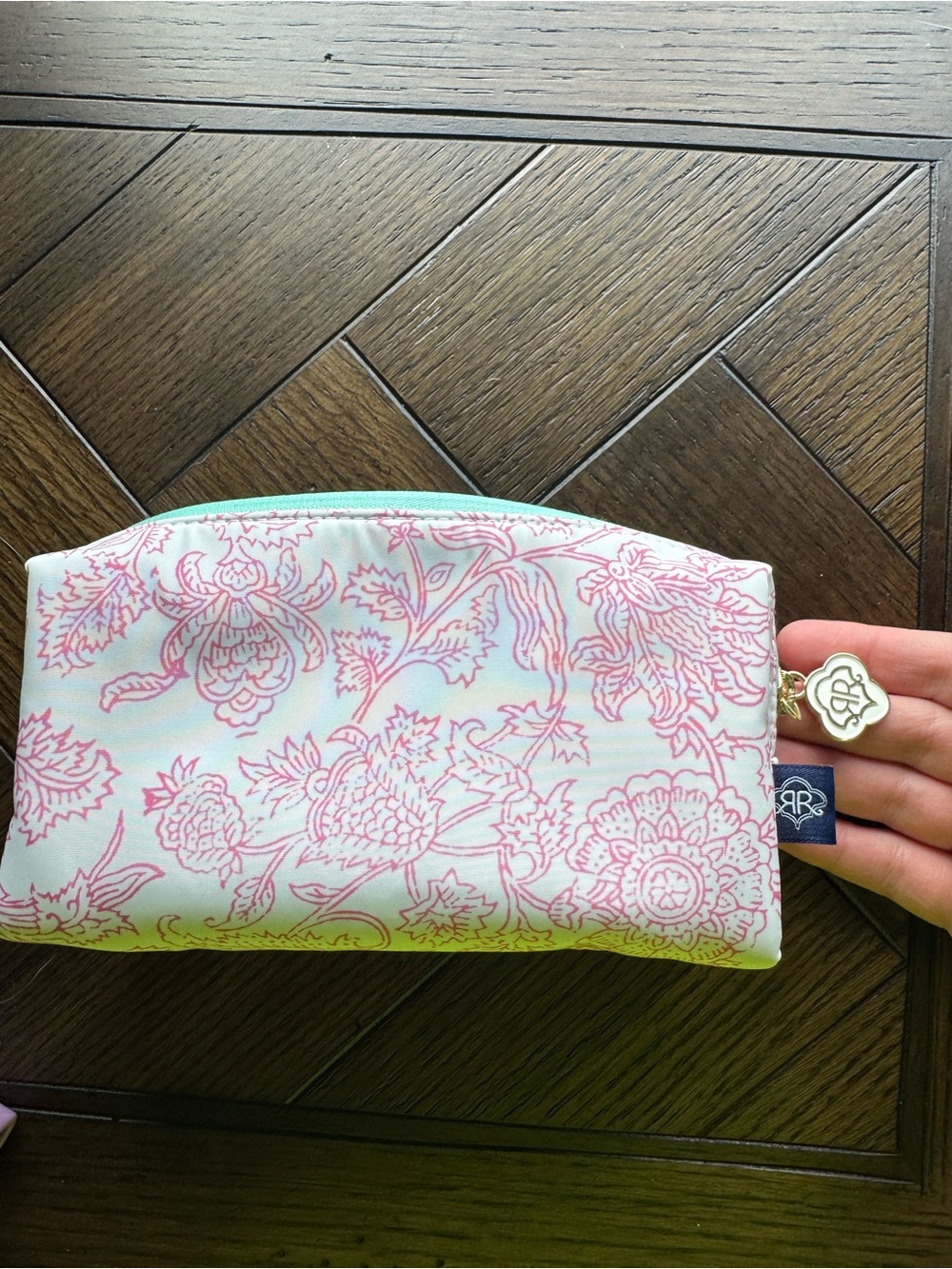 ROLLER RABBIT Pink Floral Cosmetic Pouch with Mint Zipper